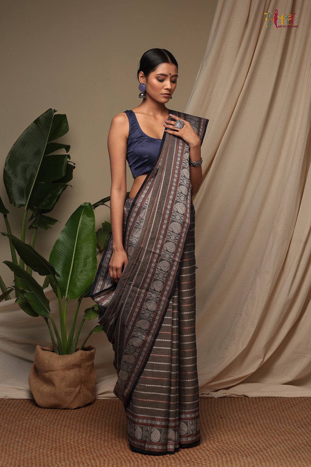 Handloom Ash Grey Pure Cotton Kanchi Saree