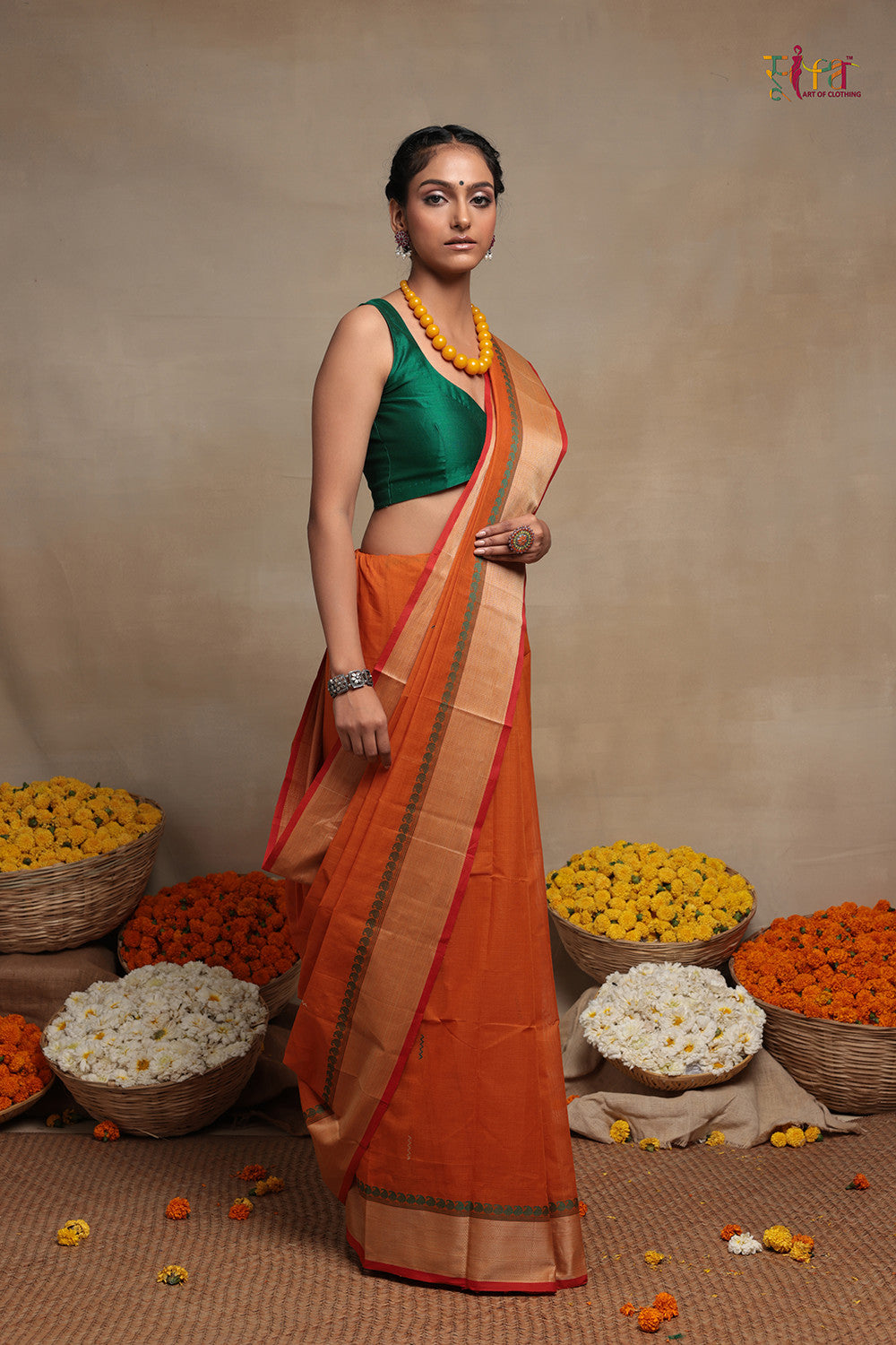 Handloom Orange Pure Cotton Kanchi  Saree