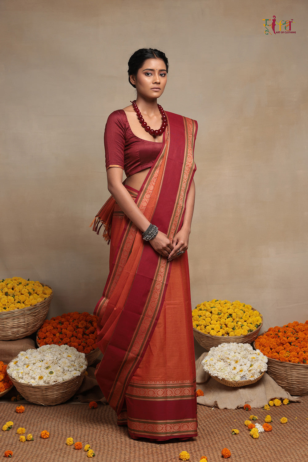 Handloom Neon Orange Kanchi Cotton Saree