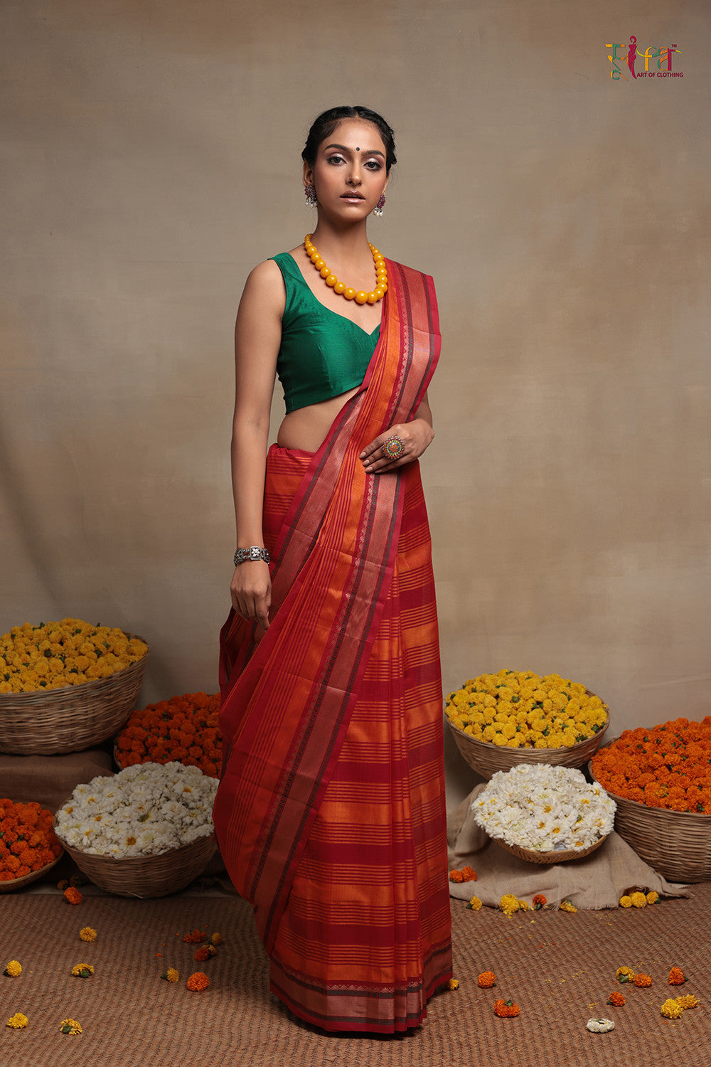 Handloom Orange & Red Pure Cotton Kanchi Saree