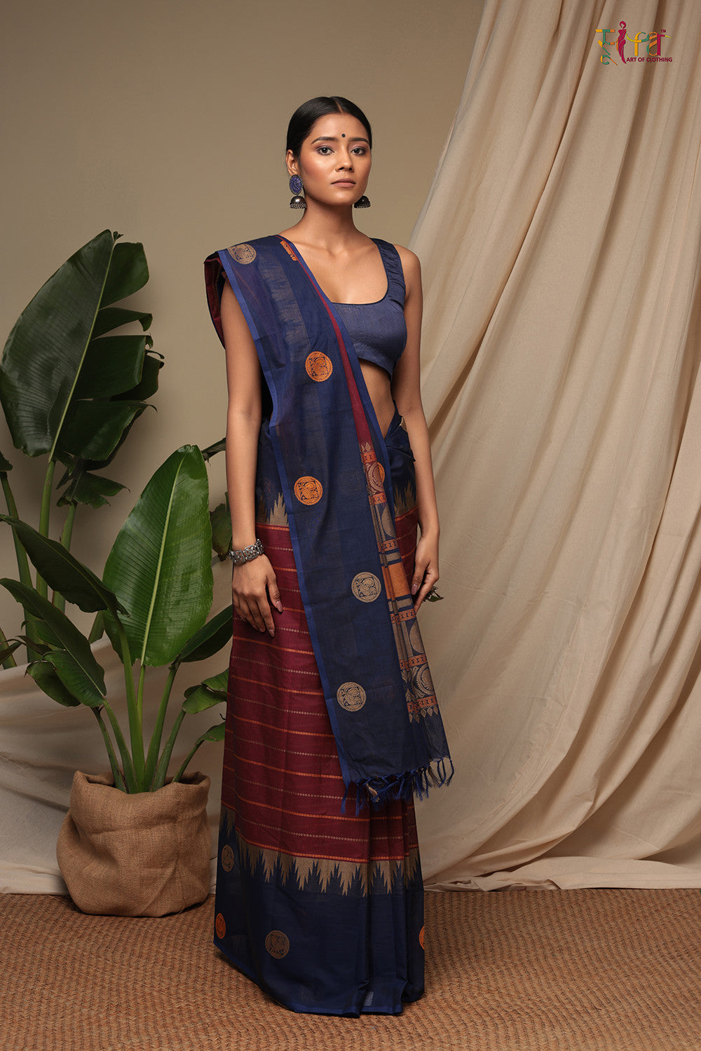 Handloom Cherry Red & Royal Blue Pure Cotton Kanchi Saree