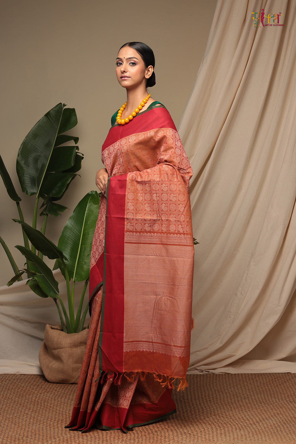 Handloom Light Coral Red Pure Cotton Kanchi Saree