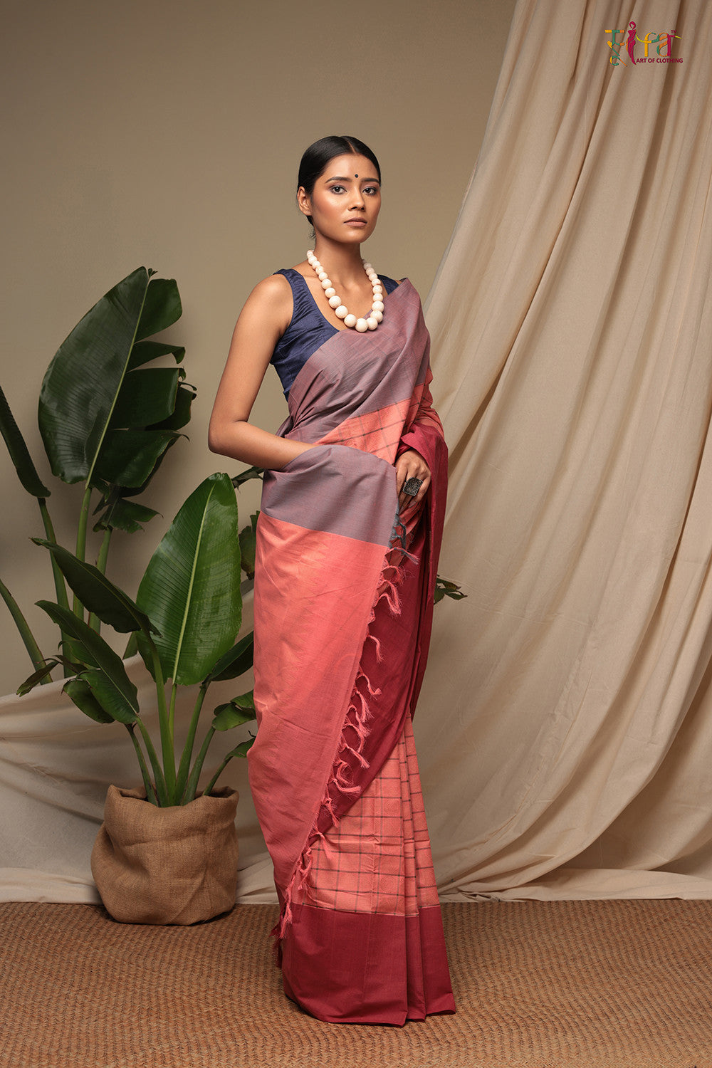 Handloom Salmon Pink Pure Cotton Kanchi Contemporary Saree