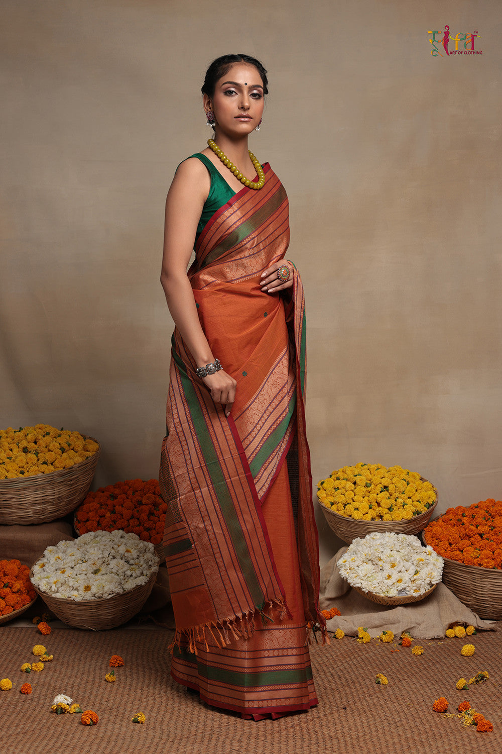 Handloom Bright Orange Kanchi Cotton Saree