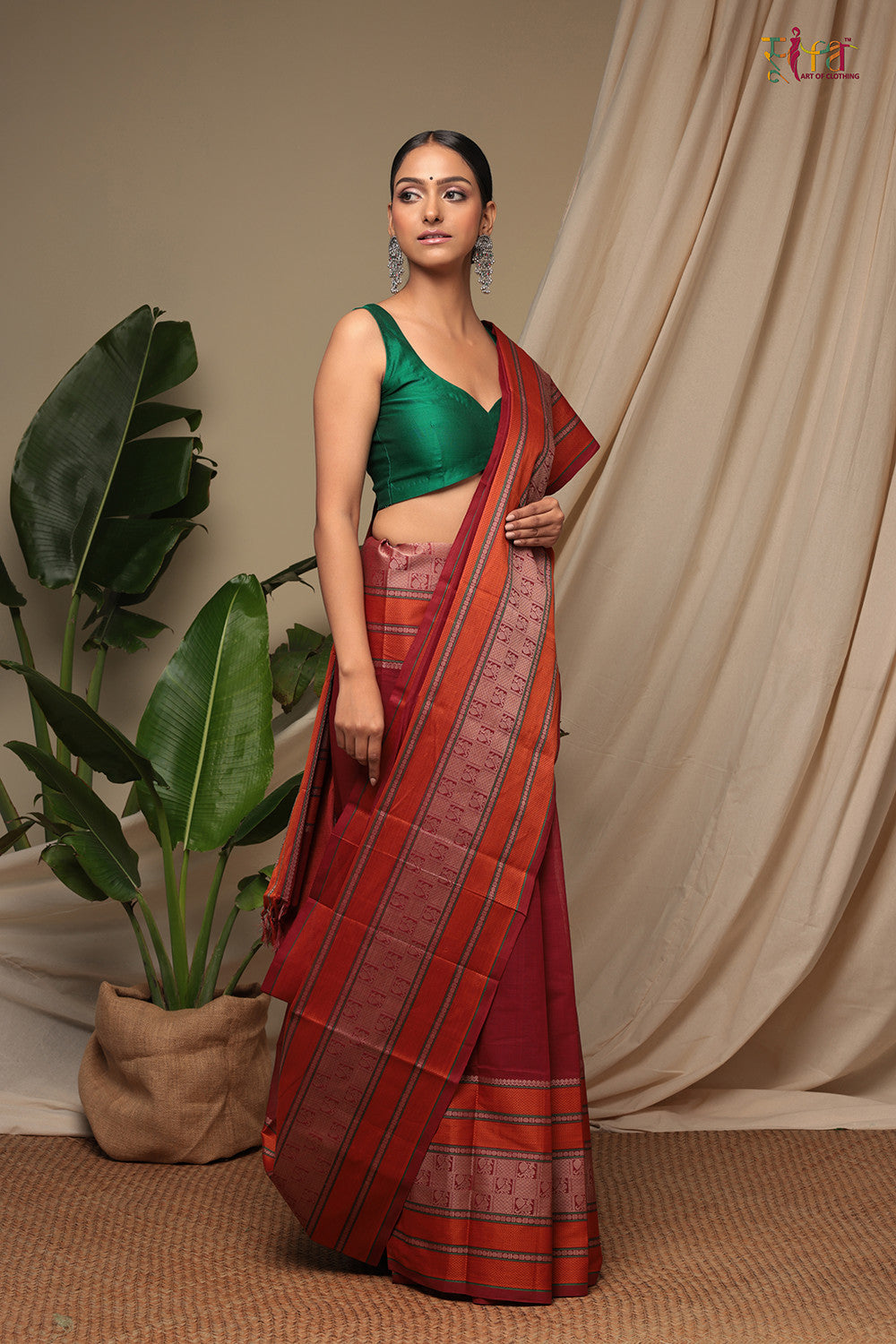 Fire Brick Red Handloom Pure Cotton Kanchi Saree With Generous Border