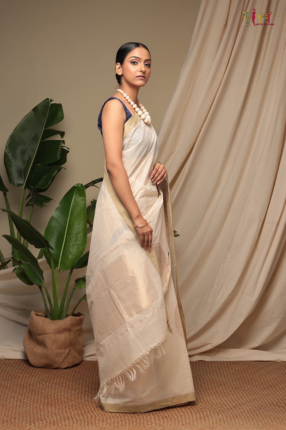 Handloom Ivory Cream Pure Cotton Kanchi Saree with Gold Zari Motifs & Pallu