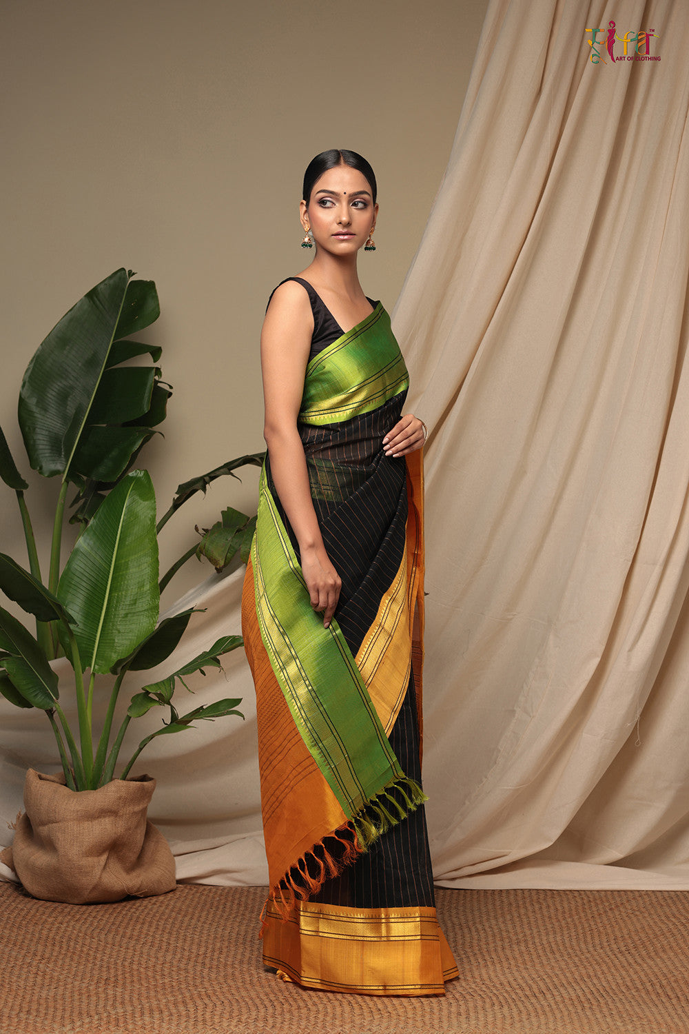 Handloom Black Pure Cotton Kanchi Saree With Pure Silk Border & Pallu