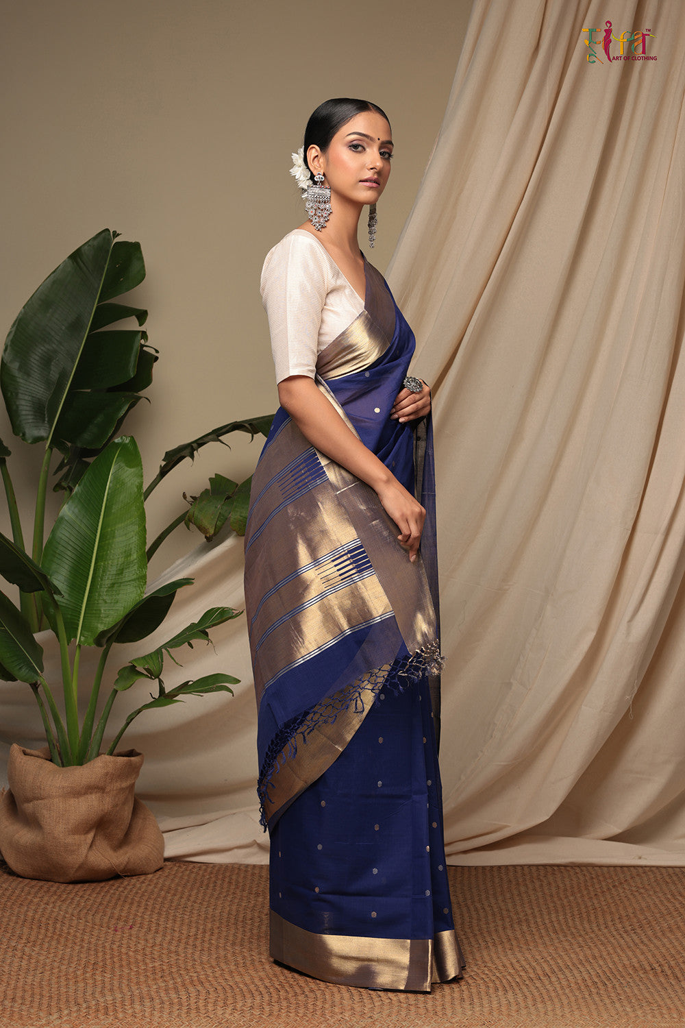 Handloom Berry Blue Pure Cotton Kanchi  Contemporary Saree With Golden Zari Motifs & Border