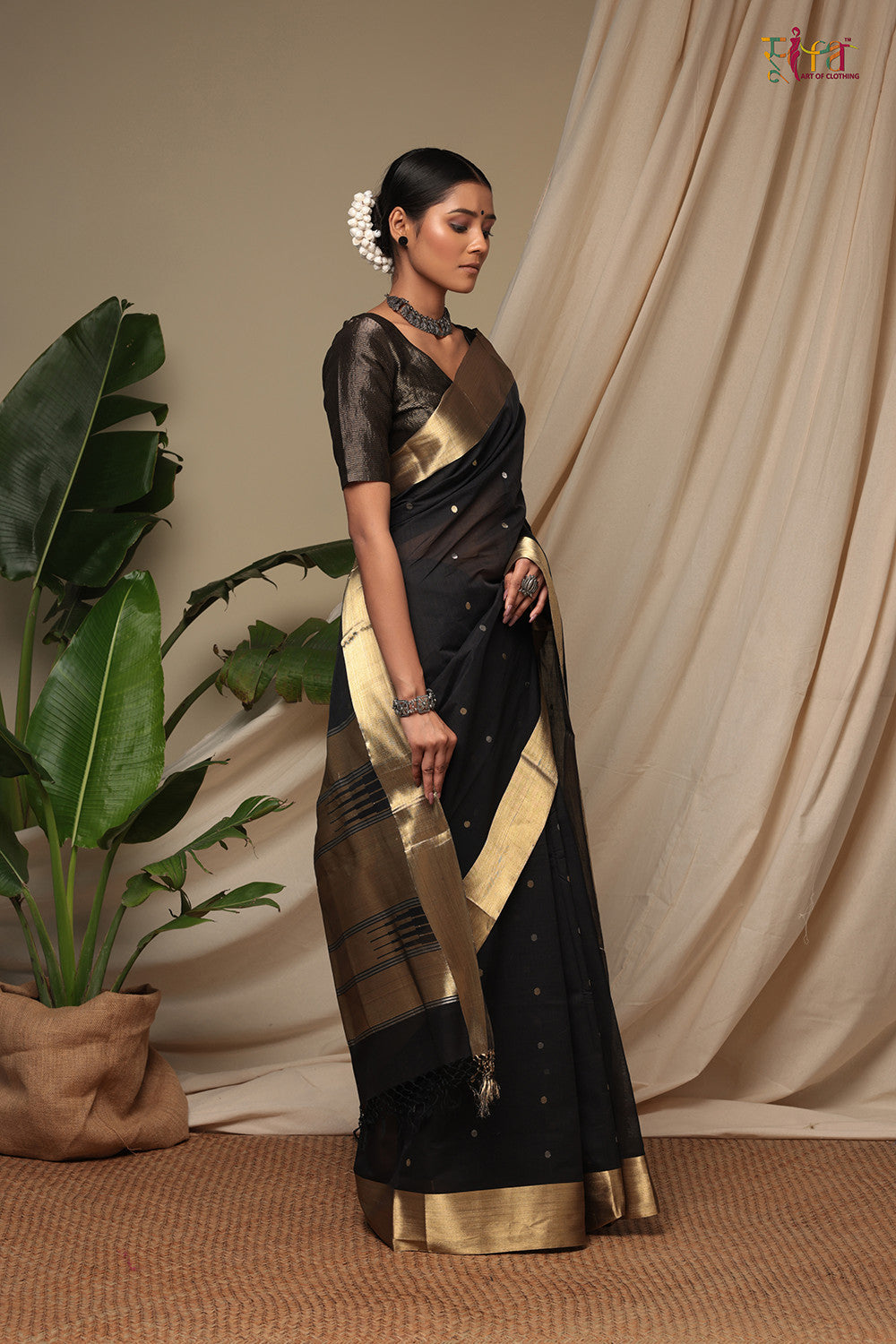 Handloom Ink Black Pure Cotton Kanchi Contemporary Saree With Golden Zari Motifs & Border