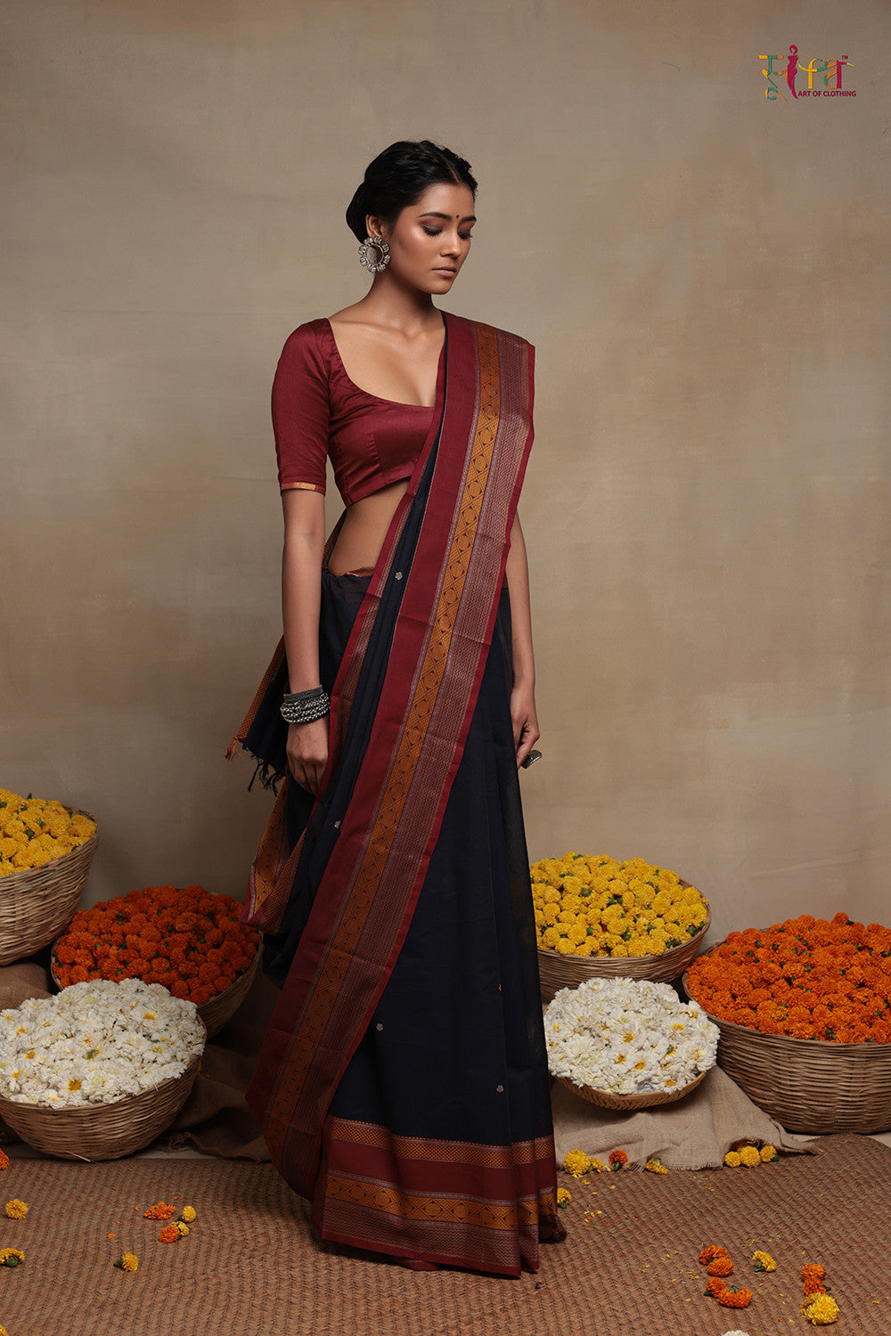 Handloom Navy Blue Pure Cotton Kanchi Contemporary Saree