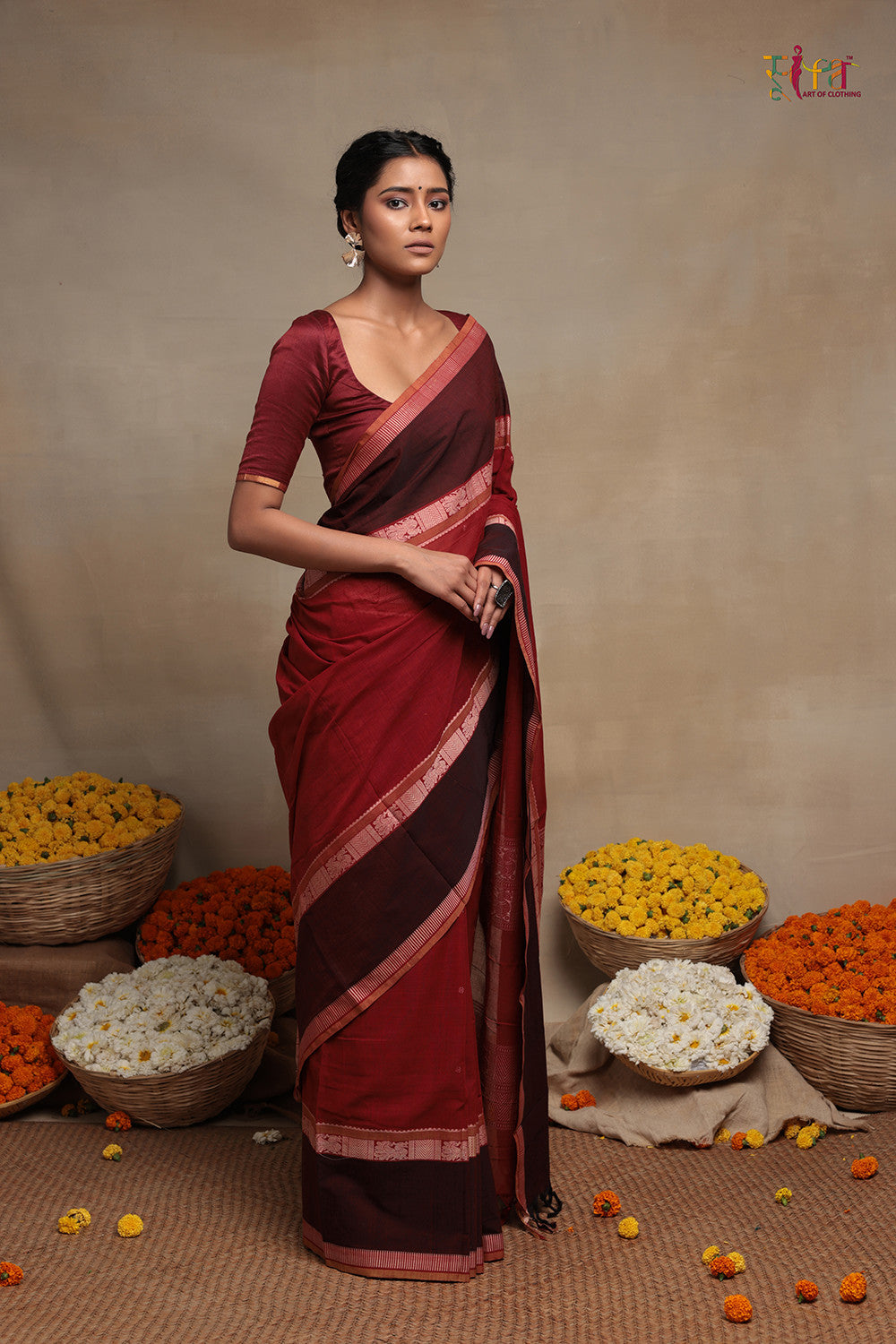 Handloom Mahogany Red Pure Cotton Kanchi Saree