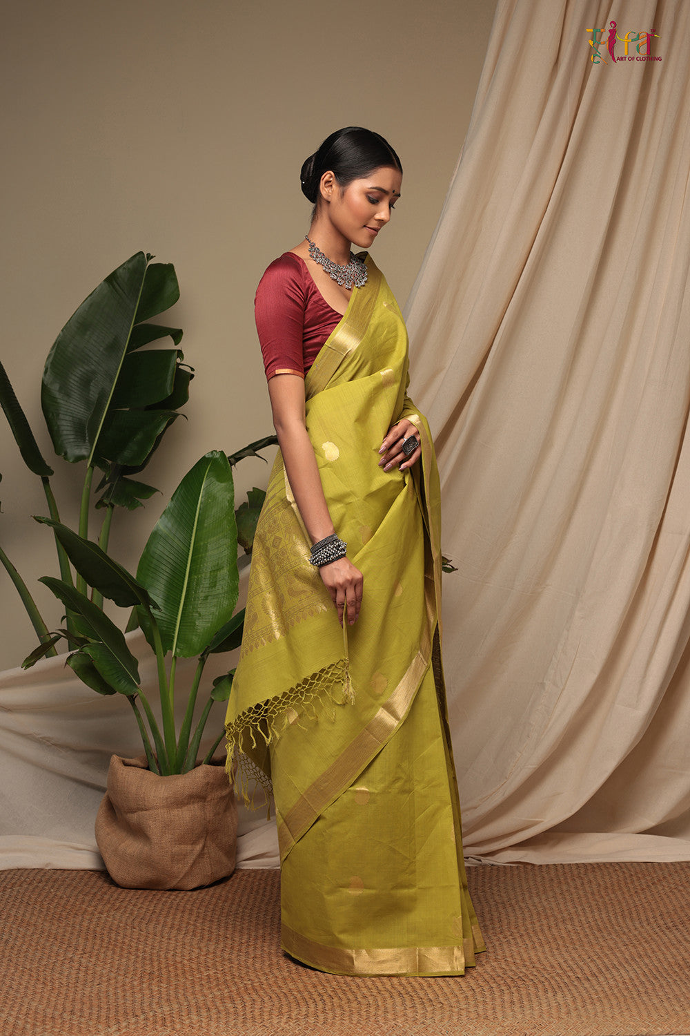 Handloom Lime Green Pure Cotton Kanchi Saree With Zari Border And Motifs