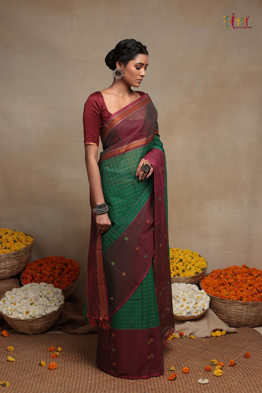 Handloom Green And Brown Pure Cotton Kanchi Saree