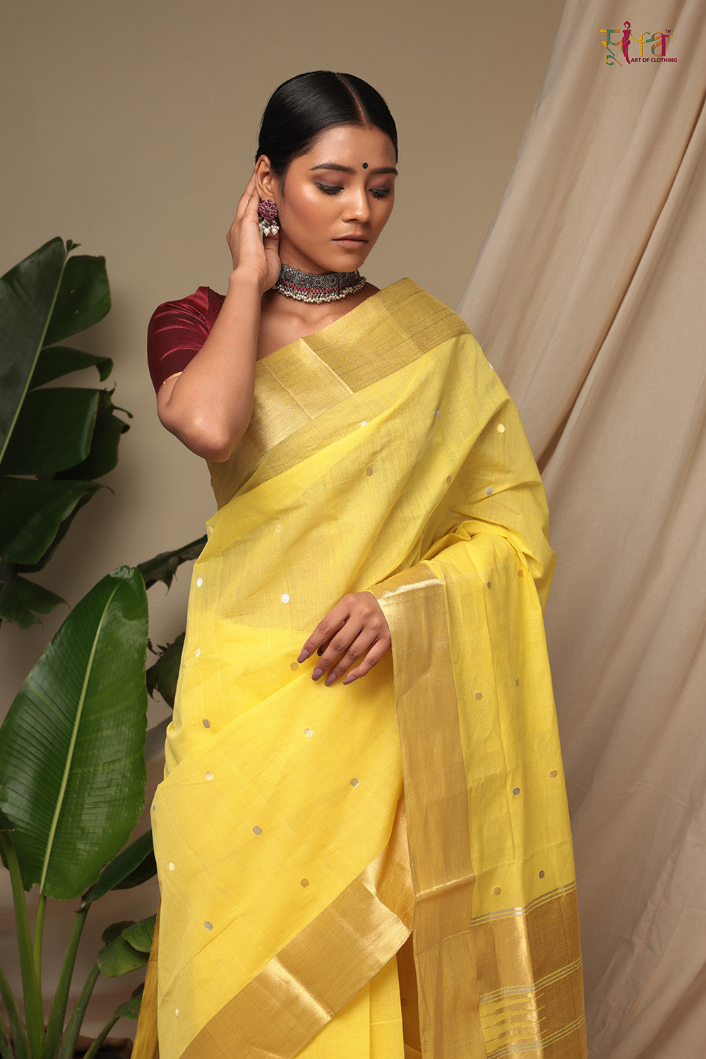 Handloom Yellow Pure Cotton Kanchi  Contemporary Saree With Golden Zari Motifs & Border