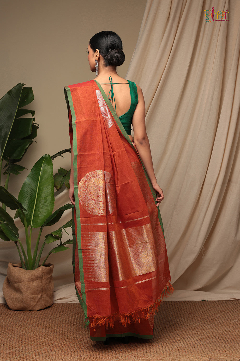 Handloom Marmalade Orange Pure Cotton Kanchi Saree With Gold Zari Motifs & Pallu