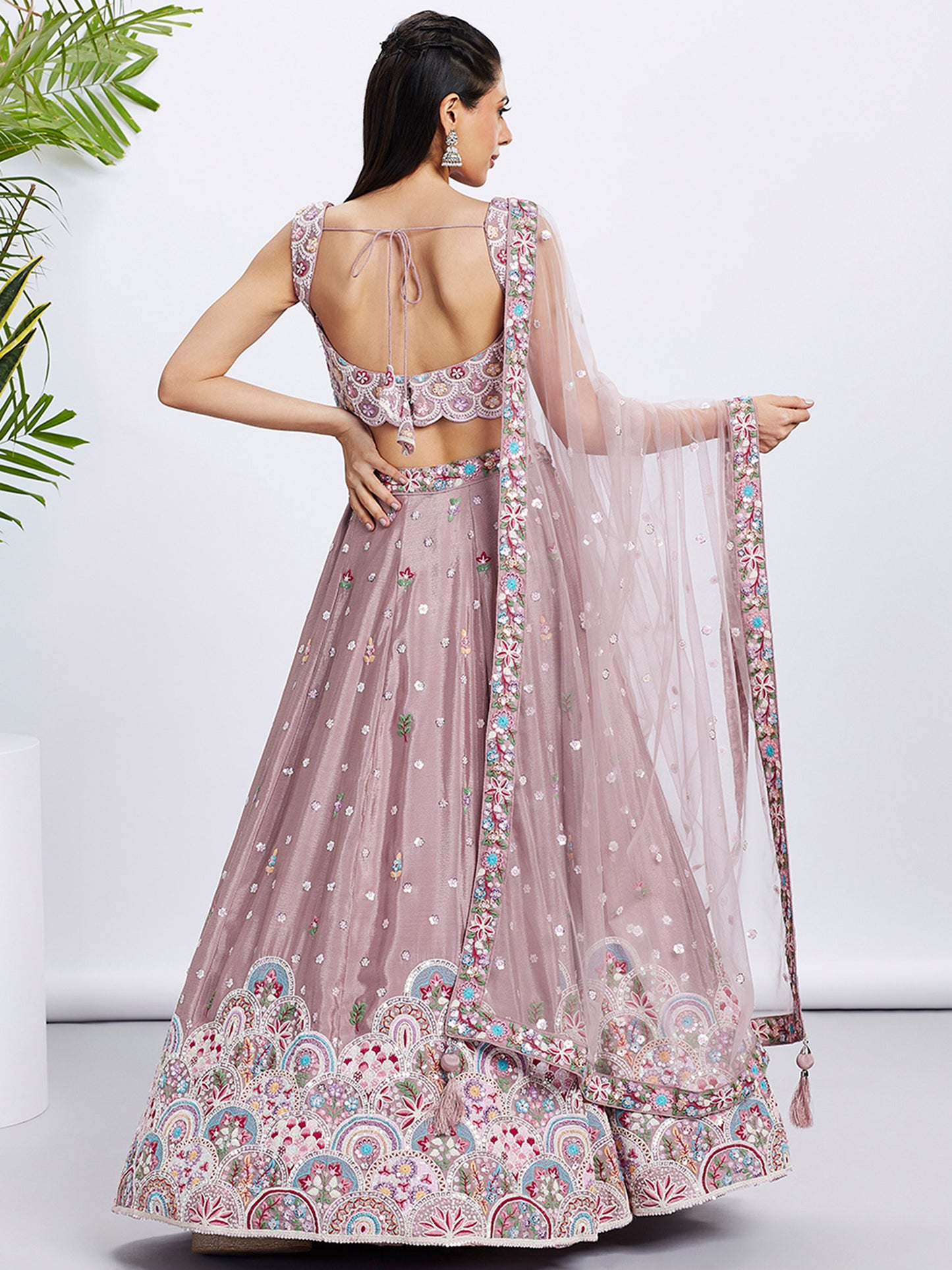 Rose gold Pure Chiffon Sequins and thread embroidery Lehenga