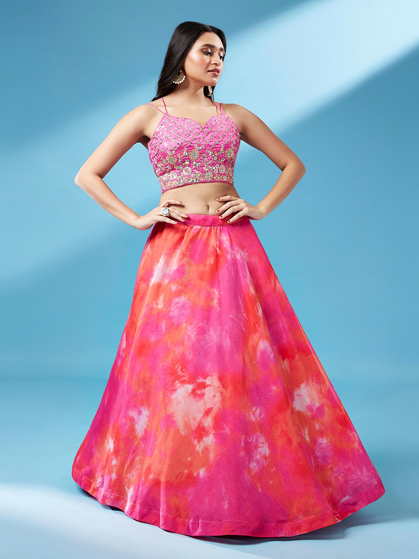 Orange Organza Shibori Printed Lehenga choli & Dupatta