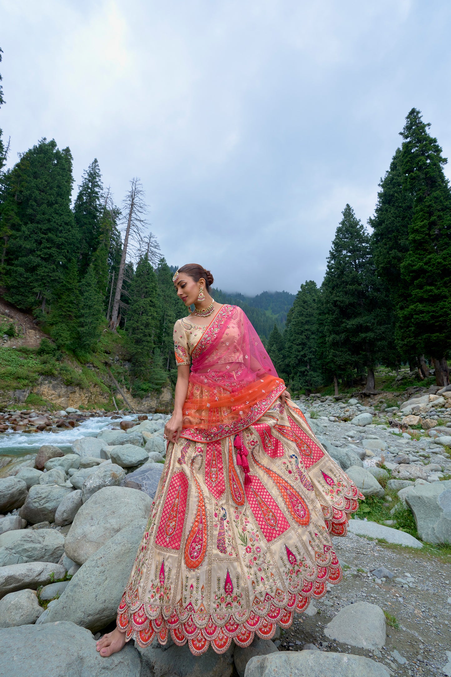 Traditional Off-White Circular Lehenga Set in Pure Kanjivaram with Embroidery and Hand Work