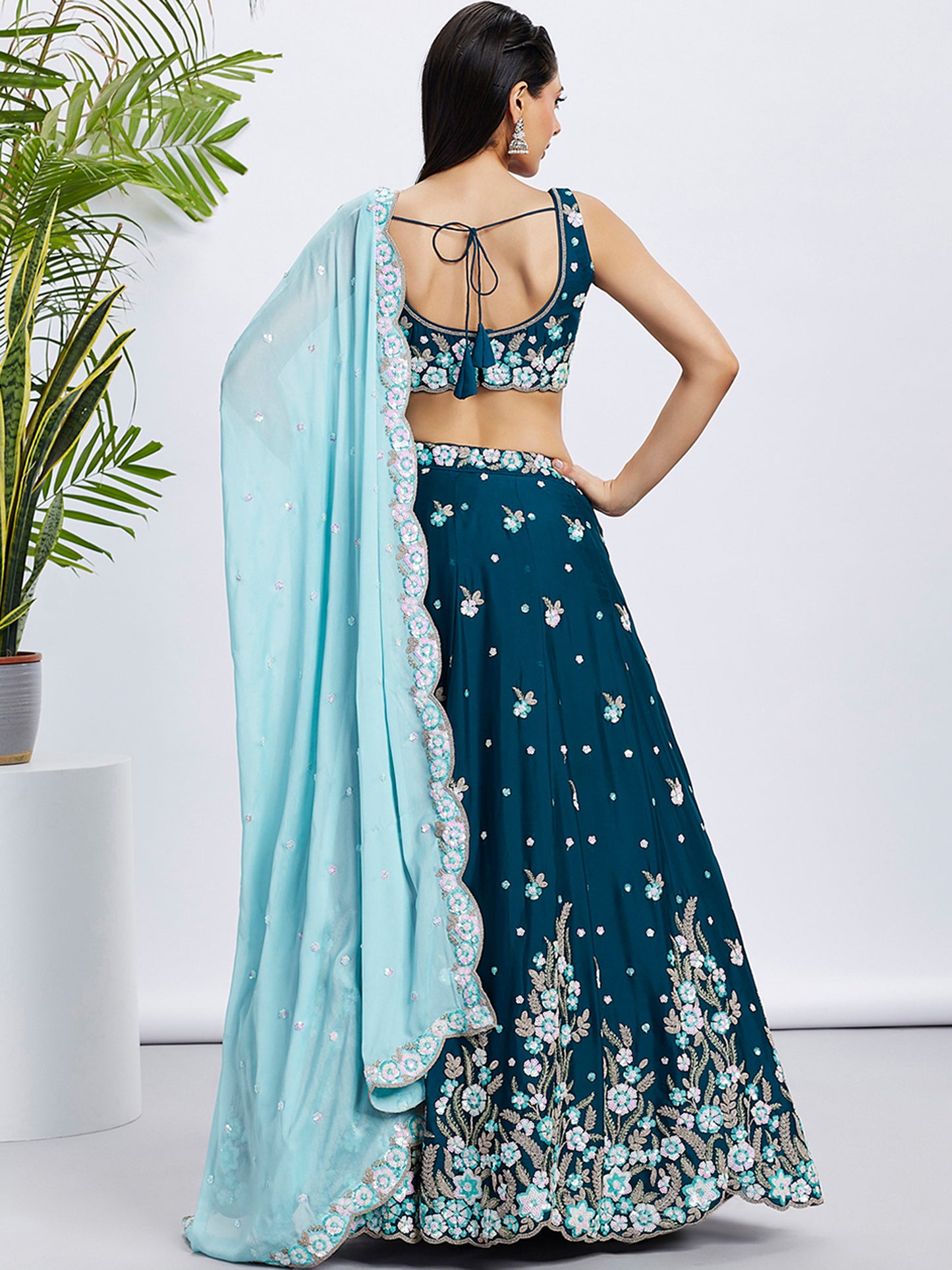 Teal Pure Grorgette Sequins and thread embroidery Lehenga choli