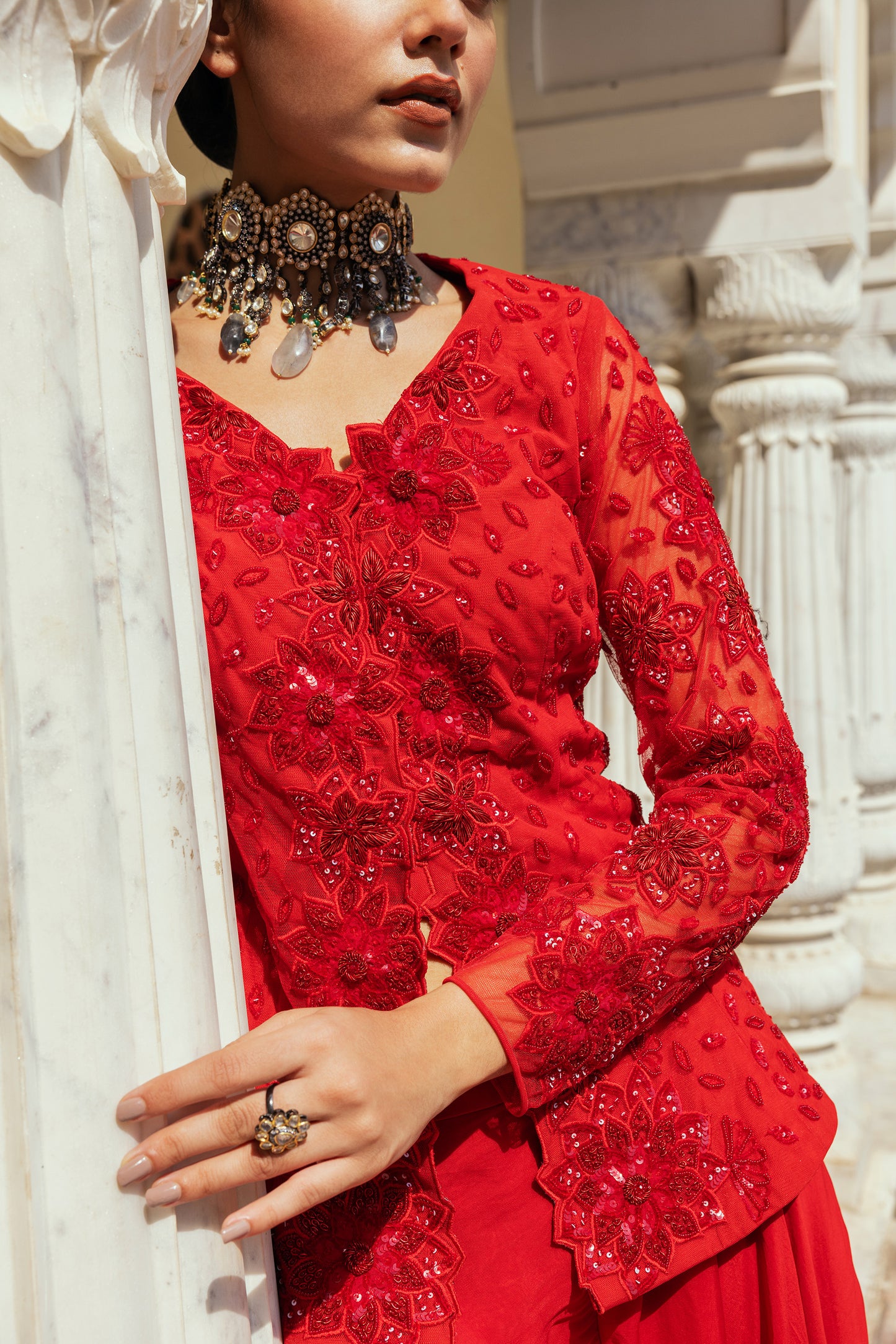 Nimra Red Net Zardosi Embroidered Ajooba Sharara Set