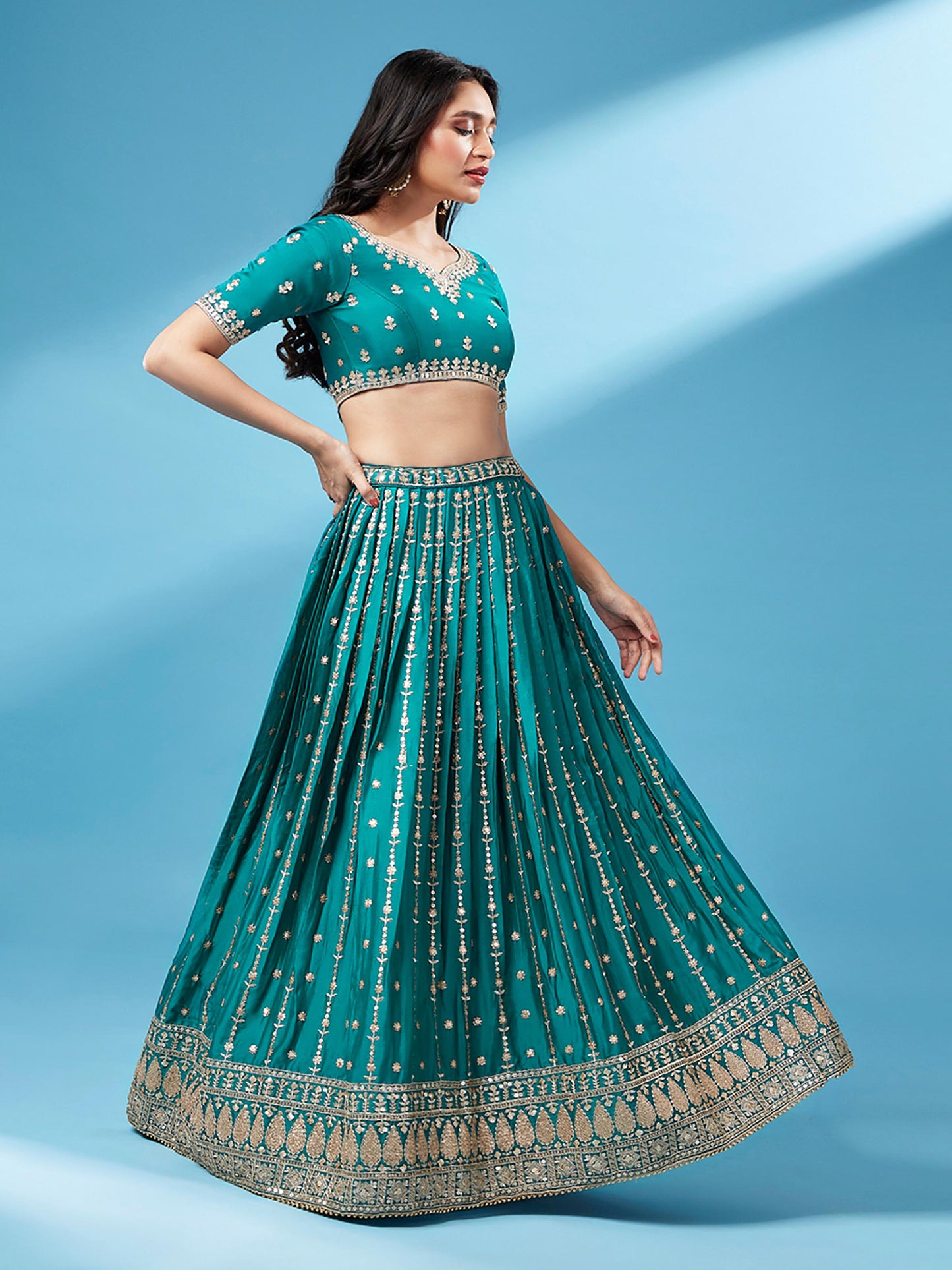 Green Pure Georgette Sequins Embroidered Semi-Stitched Lehenga