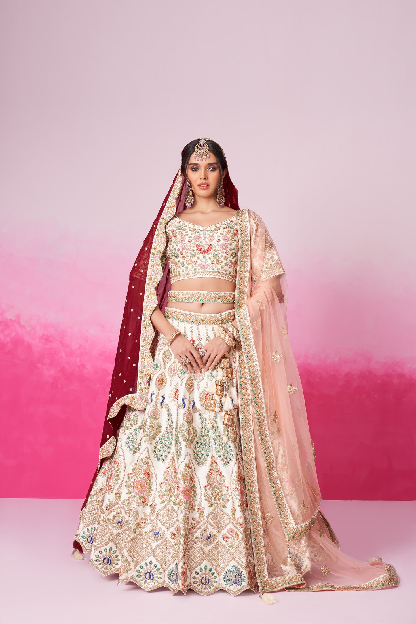 Cream Pure silk Moti, Sequins embroidery Bridal Lehenga choli