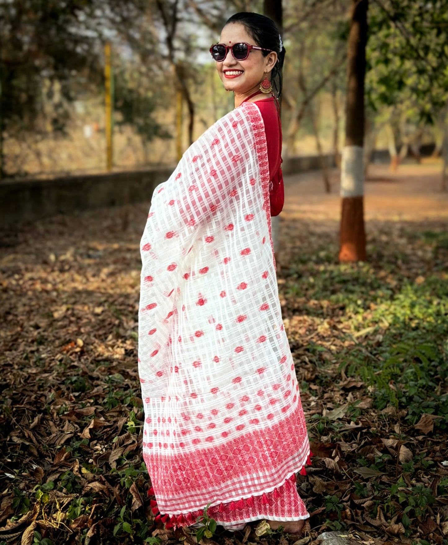 White checked cotton mekhela chador