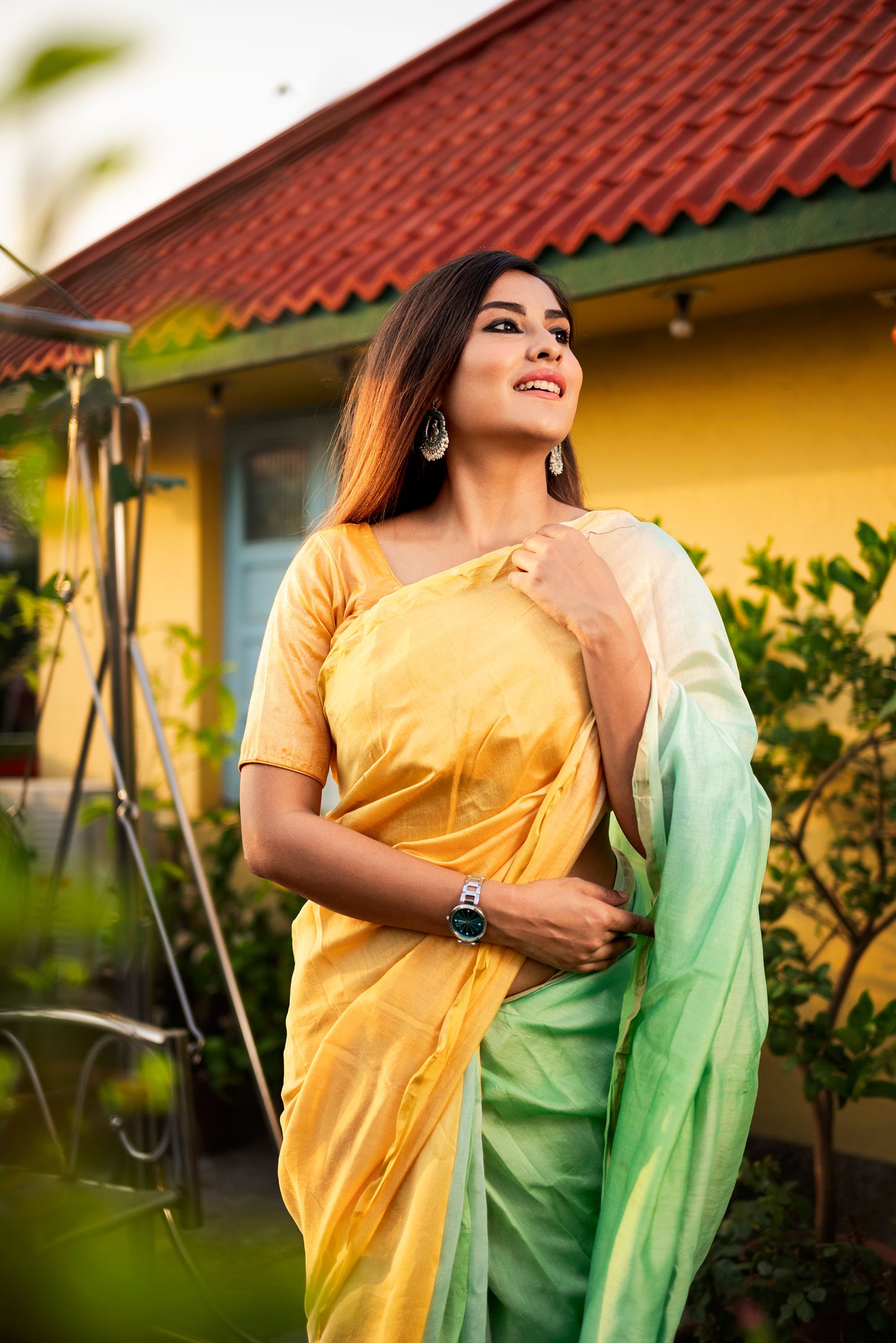 Green and Brown ombre chanderi silk saree