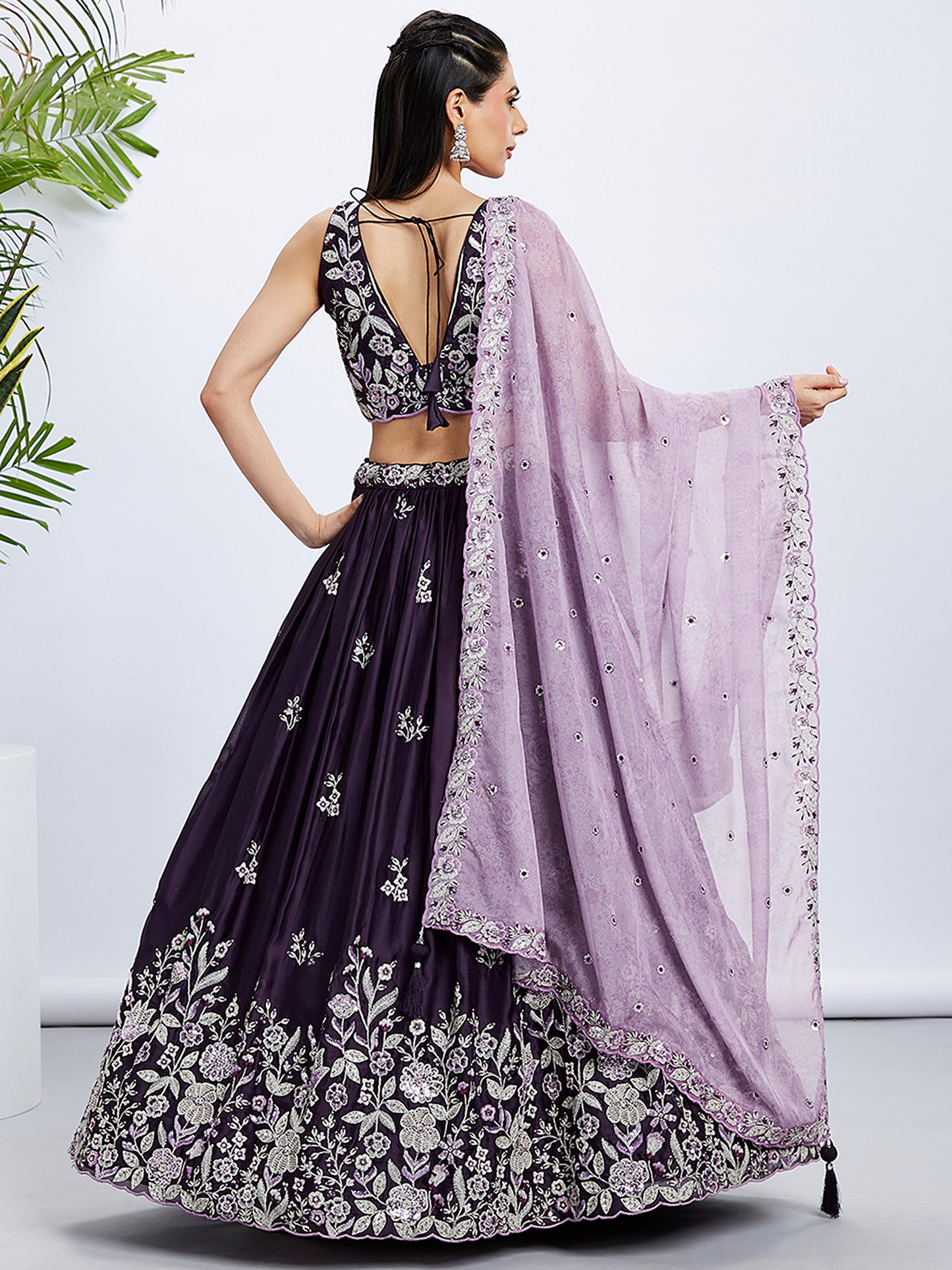 Purple Pure Georgette Sequins and thread embroidery Lehenga