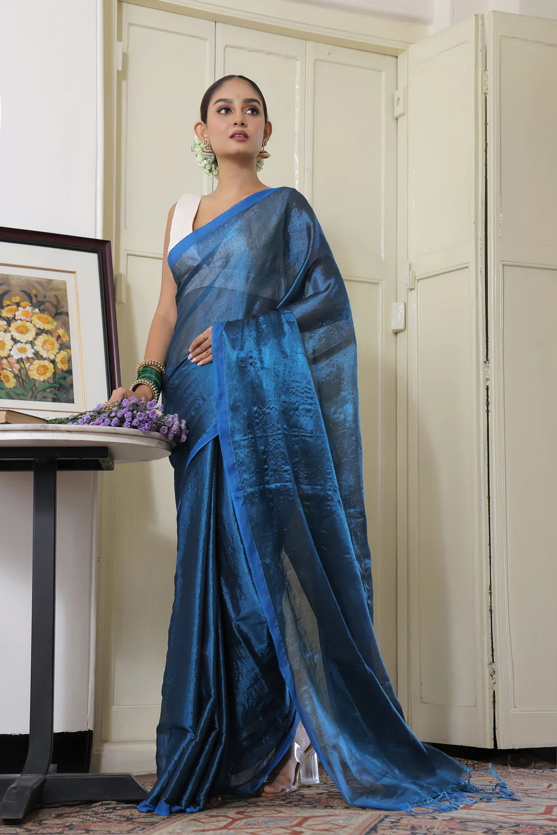 Amaryllis Blue handloom Mul Tissue saree