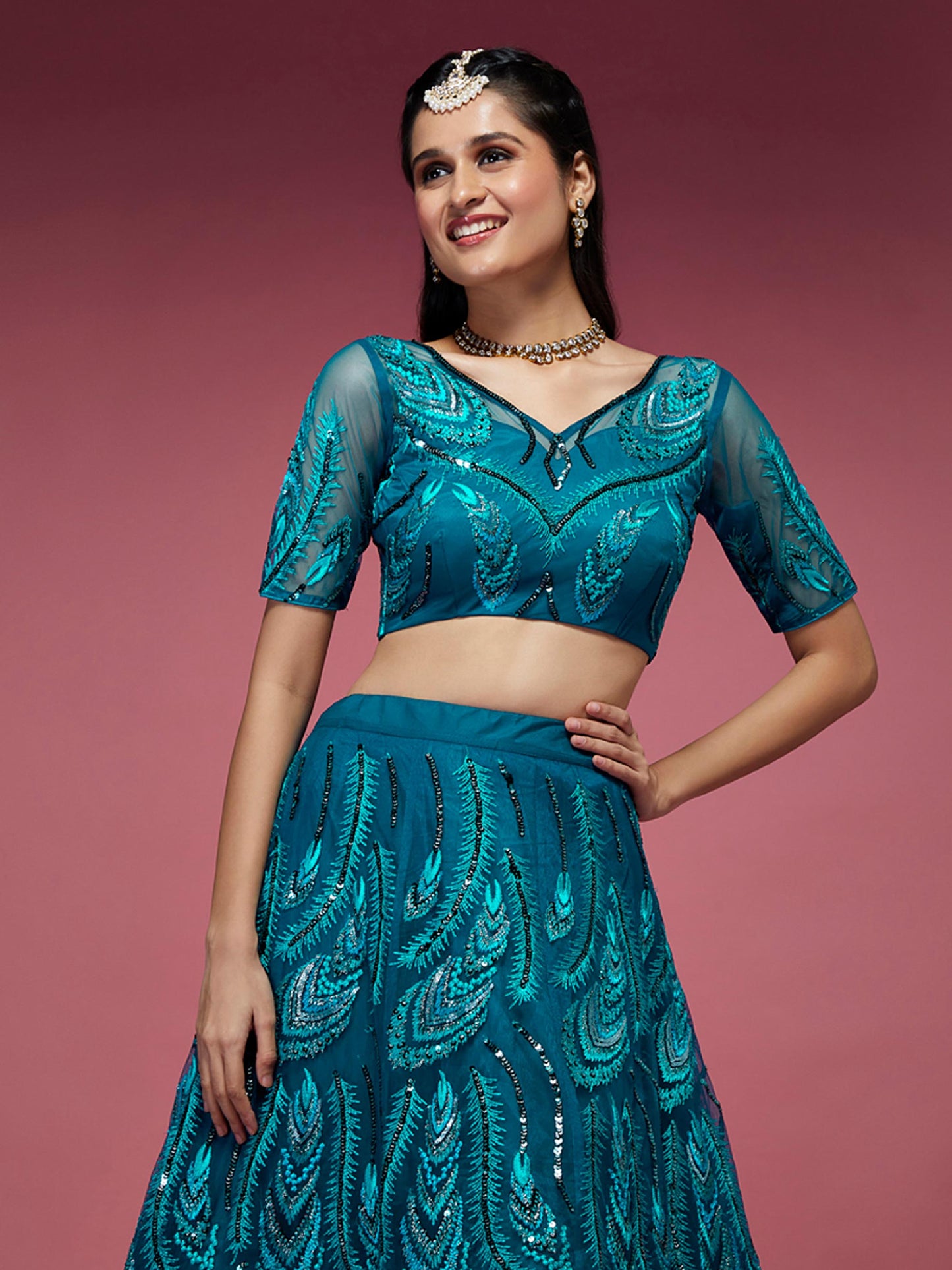 Teal Net Embroidered Sequins Lehenga Blouse with Dupatta