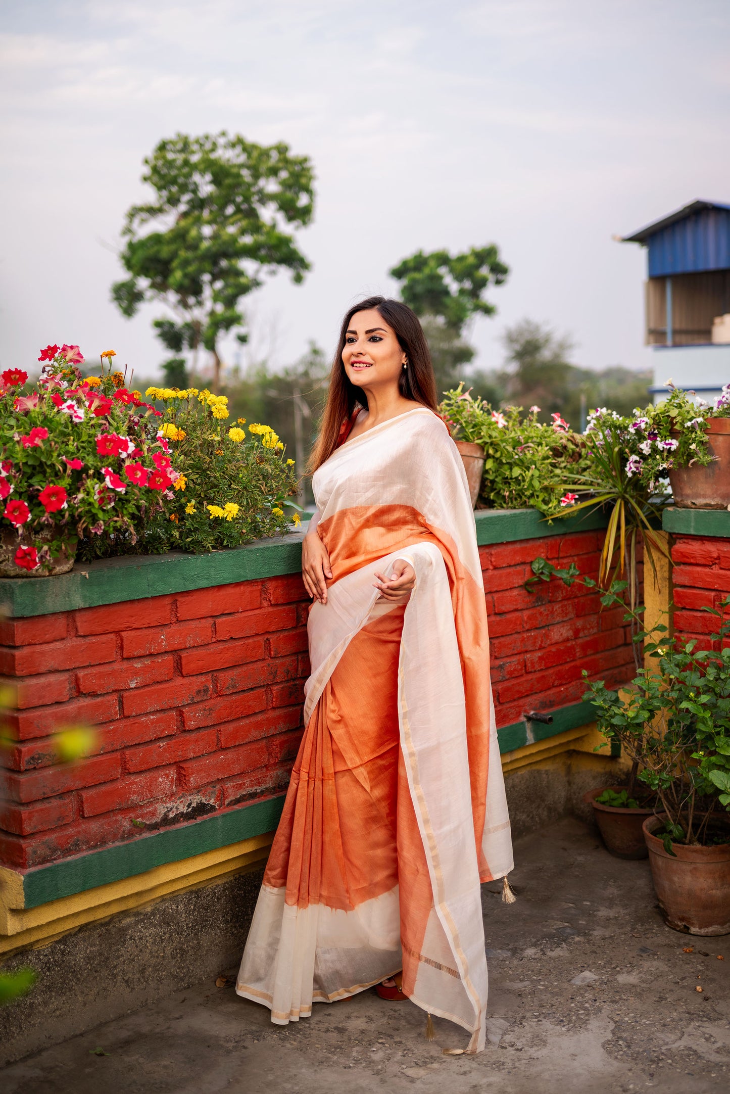 Brown and White ombre chanderi silk saree