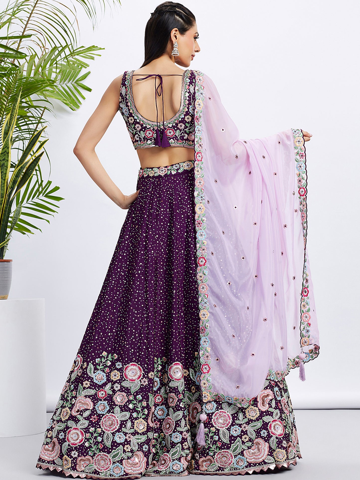 Purple Pure Chiffon Sequins and thread embroidery Lehenga choli