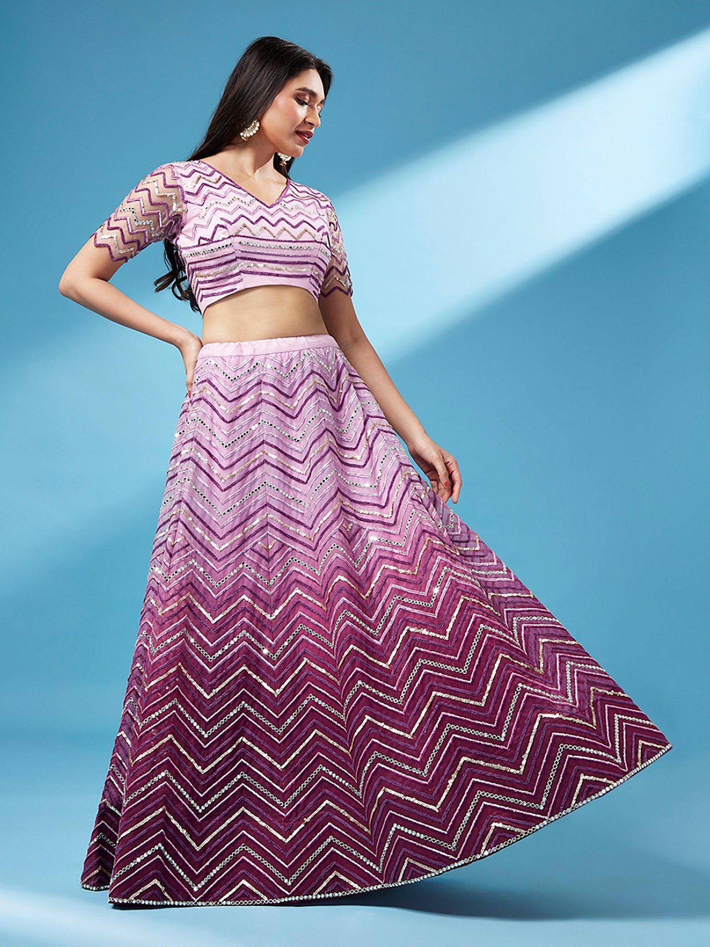 Women Lavender Net Zig-Zag Embroideried Semi-Stitched Lehenga, Unstitched Blouse & Dupatta