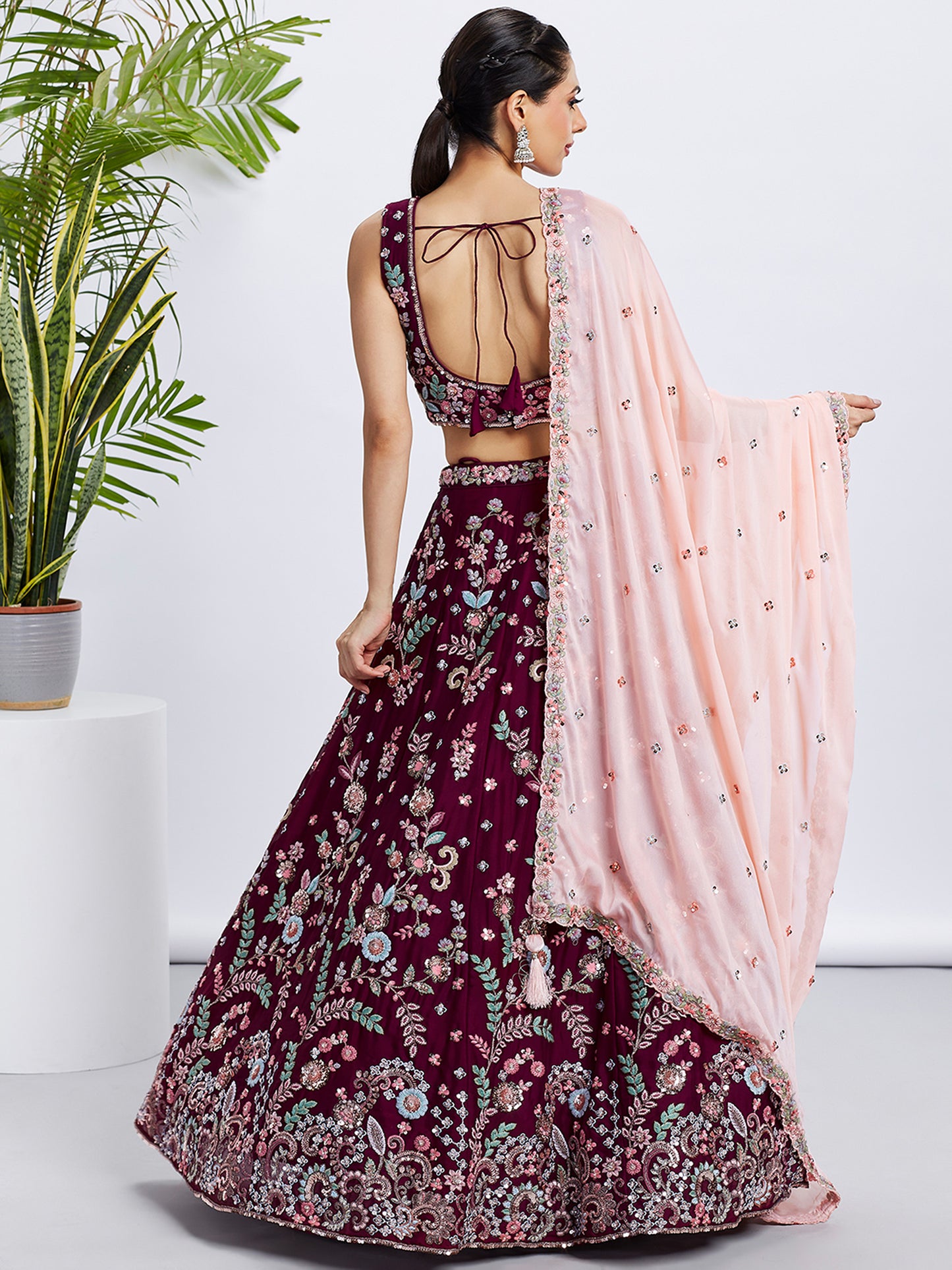 Burgundy Pure Georgette Sequins and thread embroidery Lehenga choli