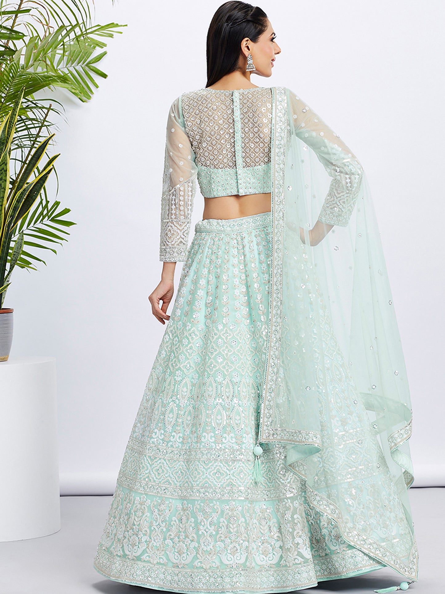 Turquoise blue Net Sequins and thread embroidery Lehenga choli