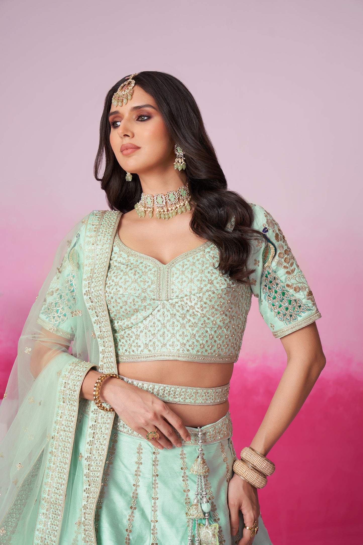 Sea Green Pure silk Sequins embroidery Bridal Lehenga choli