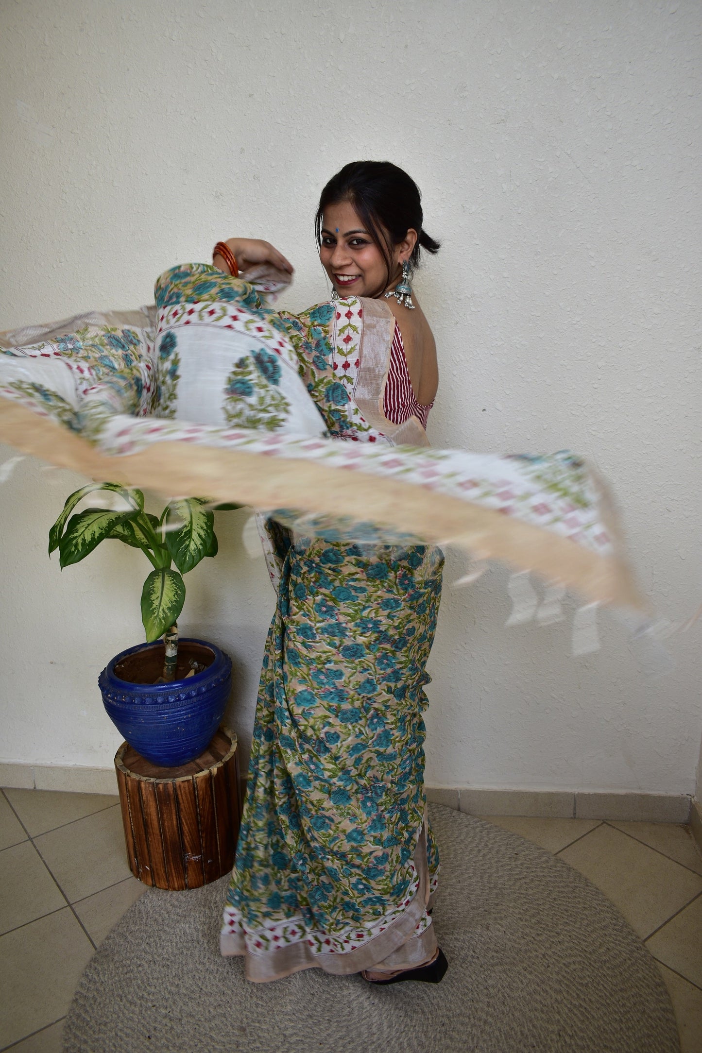 Delphinium - Green Handblock Print Natural Dyed - Linen Cotton Saree