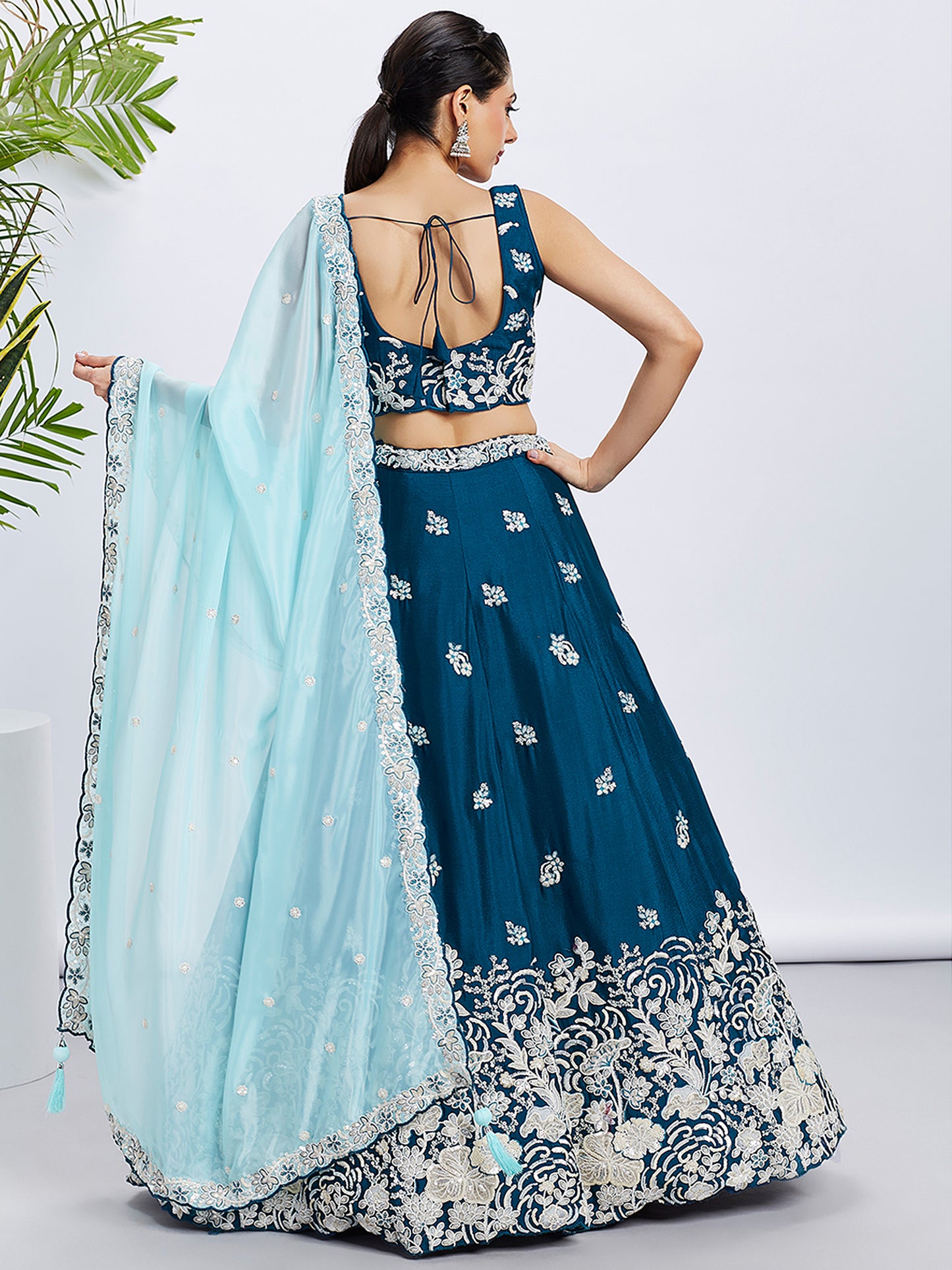 Teal Pure Georgette Sequins and thread embroidery Lehenga choli