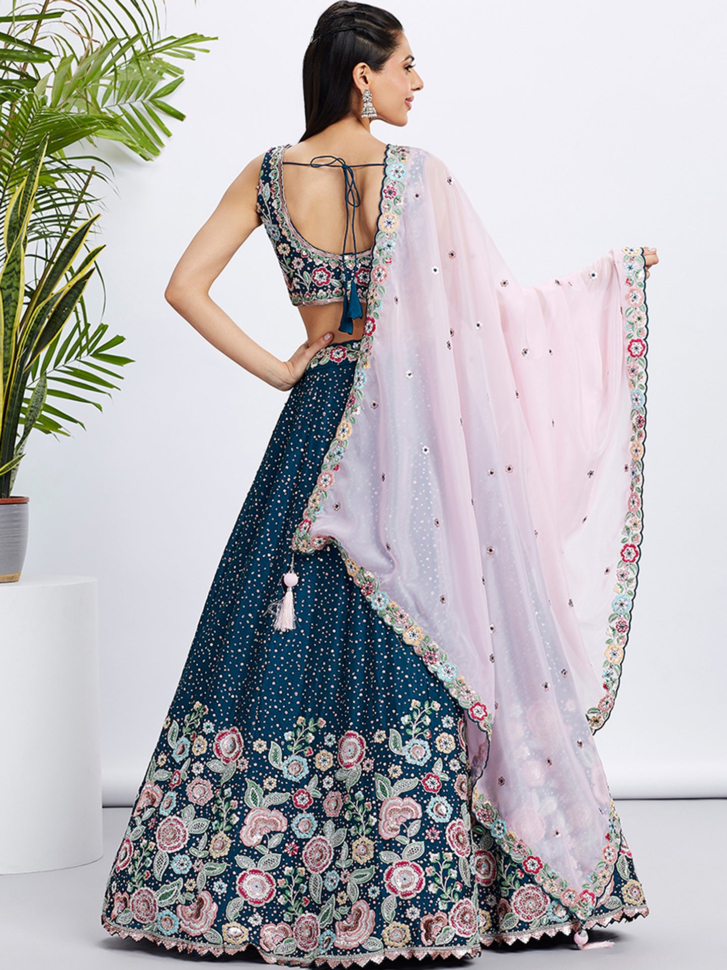 Navy blue Pure Chiffon Sequins and thread embroidery Lehenga choli