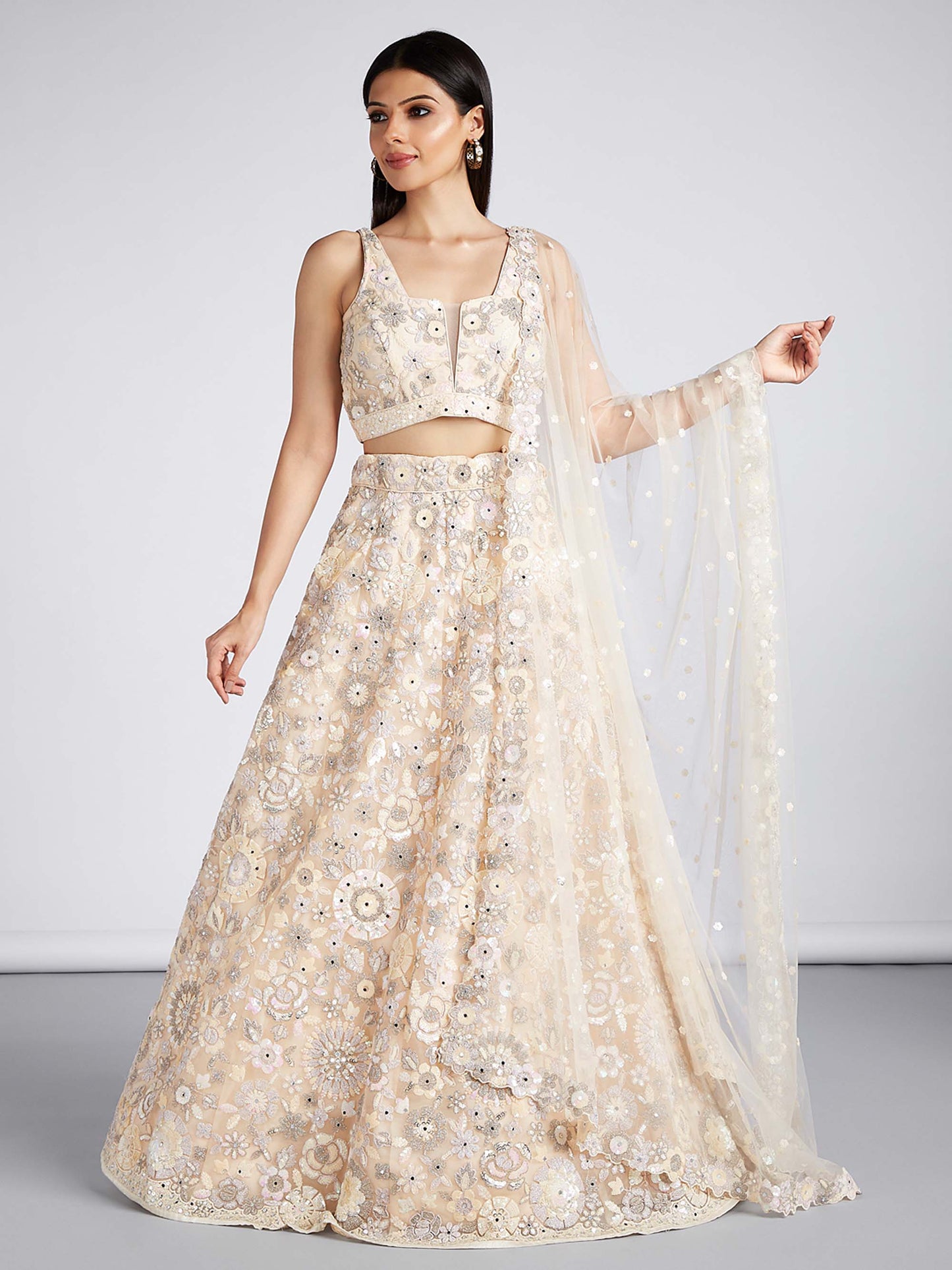 Cream Net Sequins, Mirror and thread embroidery Lehenga choli & Dupatta