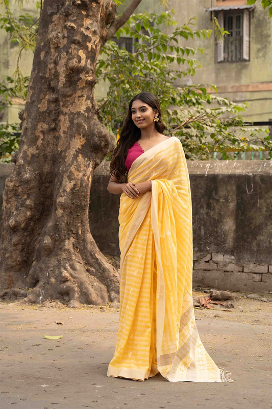 Handloom Yellow Soft Cotton Jamdani Saree