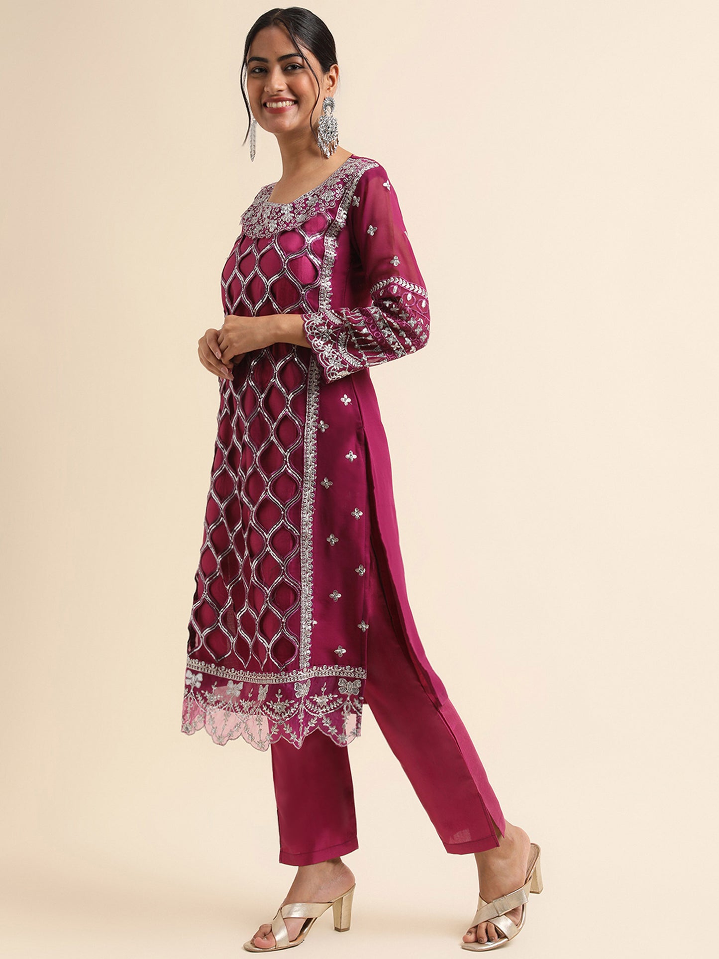 Wine sequins embroidered Faux Georgette Surya pakistani suit