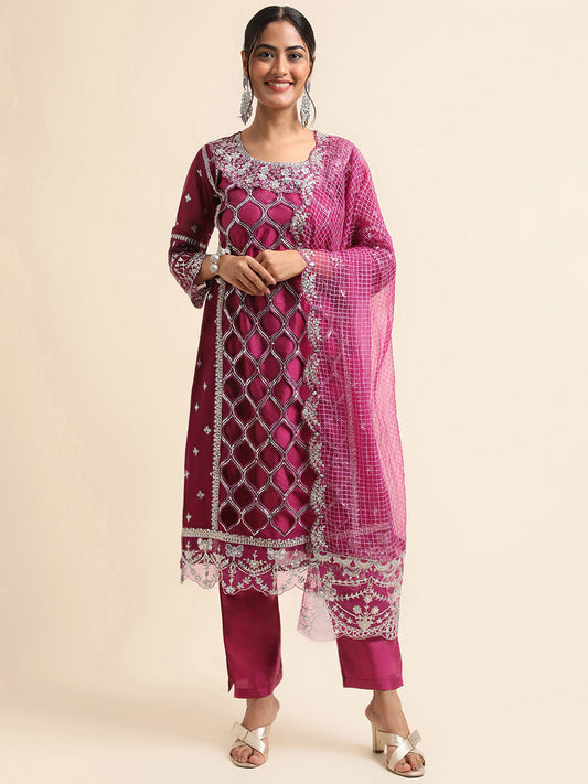 Wine sequins embroidered Faux Georgette Surya pakistani suit