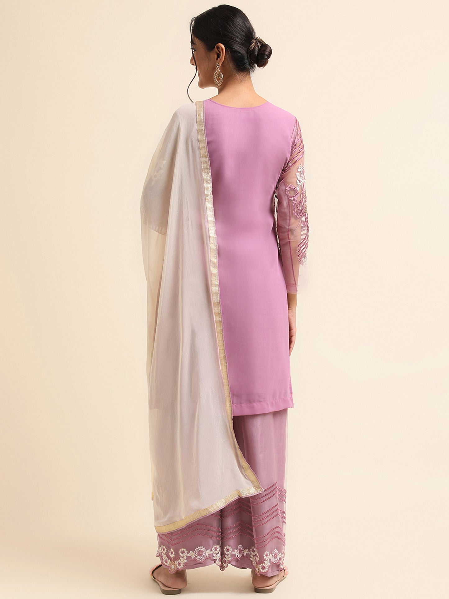 mauve Zari embroidered Faux Georgette Surya pakistani Palazzo