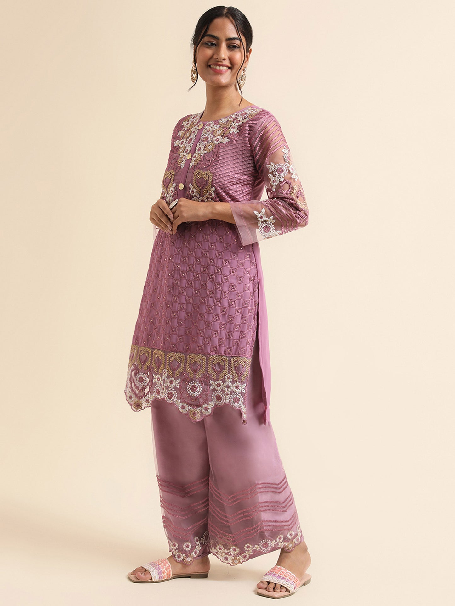 mauve Zari embroidered Faux Georgette Surya pakistani Palazzo