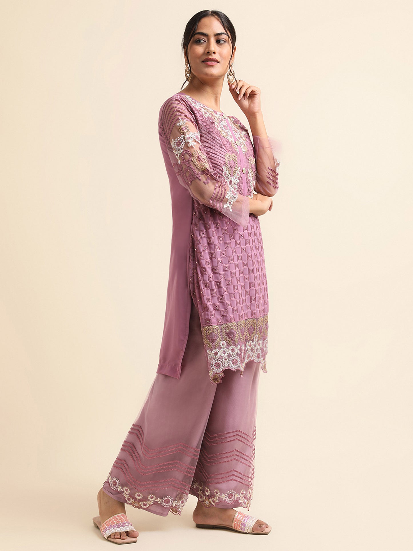 mauve Zari embroidered Faux Georgette Surya pakistani Palazzo