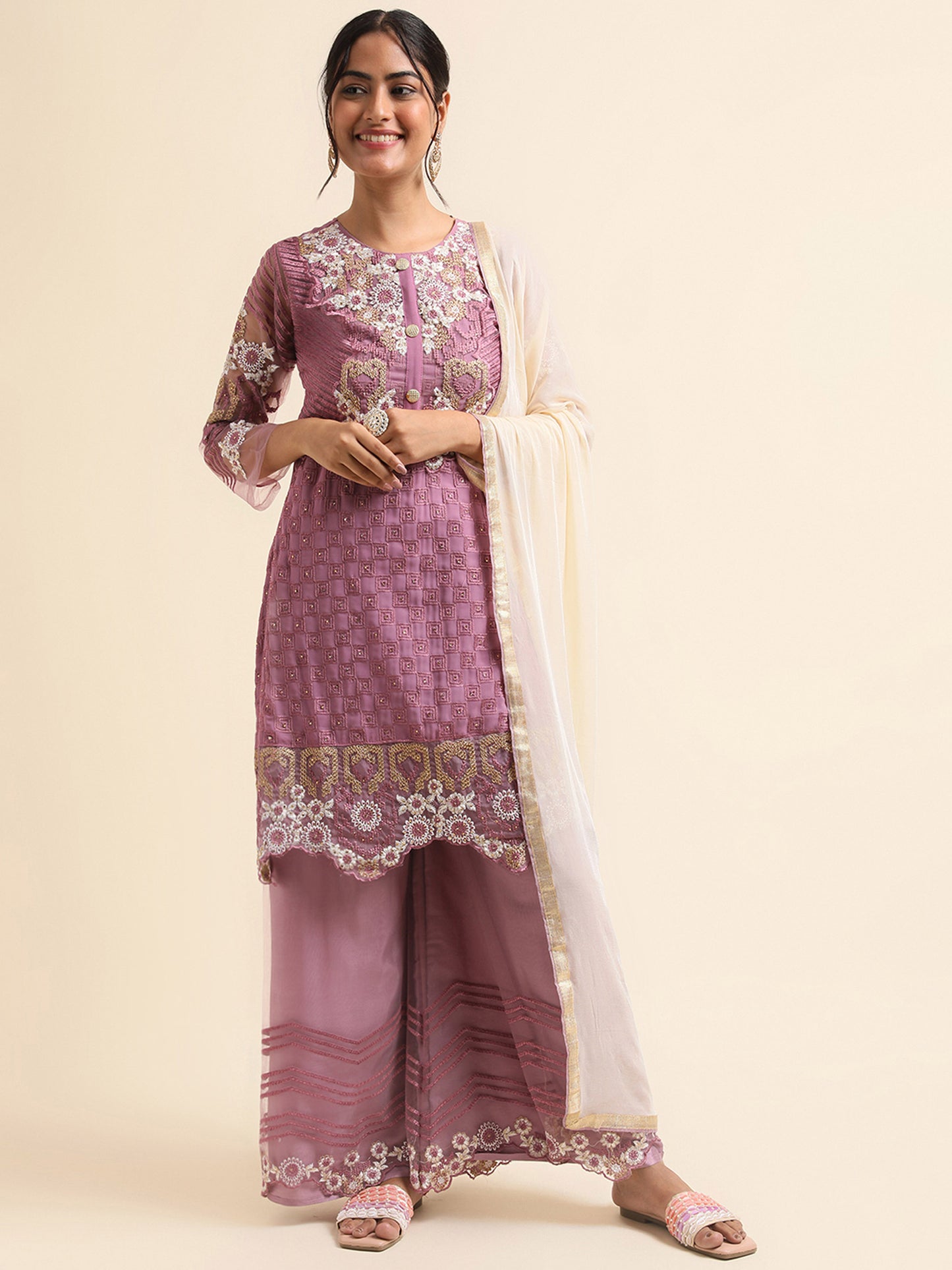 mauve Zari embroidered Faux Georgette Surya pakistani Palazzo