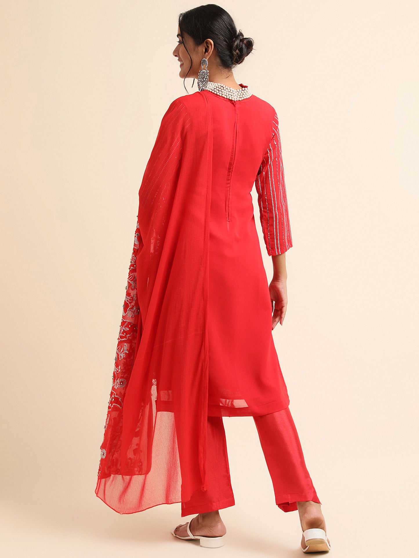 Red sequins embroidered Faux Georgette Surya pakistani suit