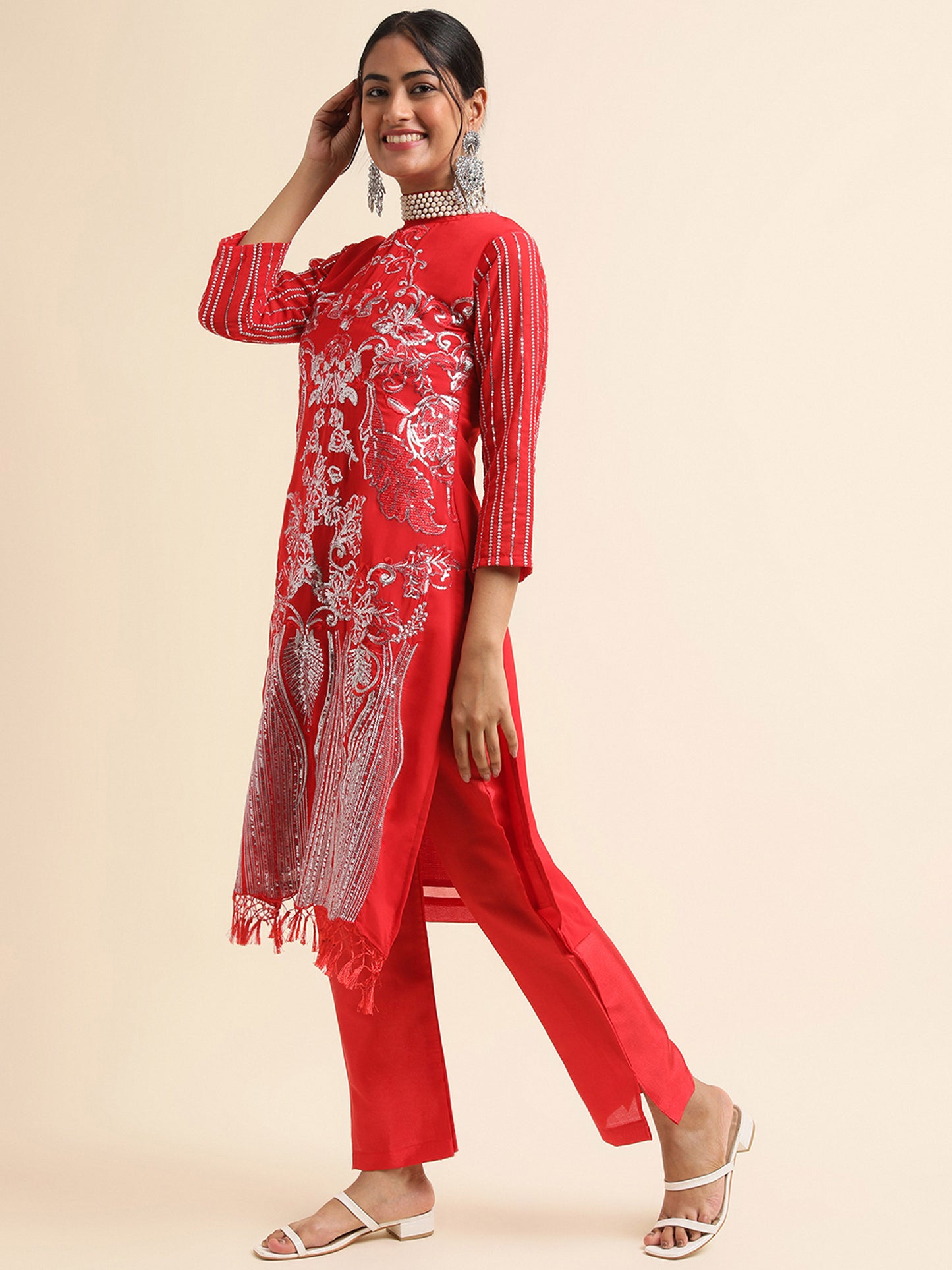 Red sequins embroidered Faux Georgette Surya pakistani suit